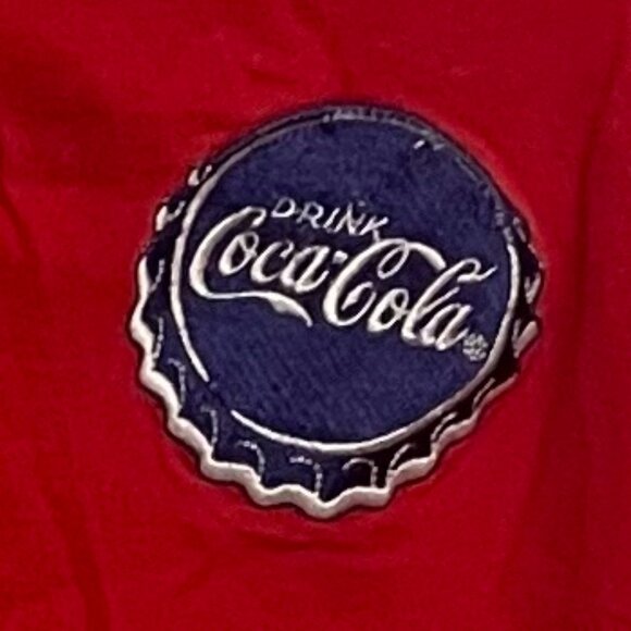 Vintage Coca Cola Sewn Logo Blue Bottle Cap Logo Red V Neck T Shirt 26W 28W - Picture 6 of 6